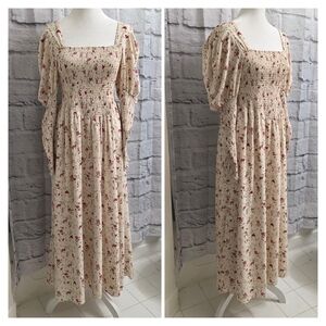 Sister Jane Cream Burgundy Floral Ruched Body Long Sleeve Maxi Dress Size Medium